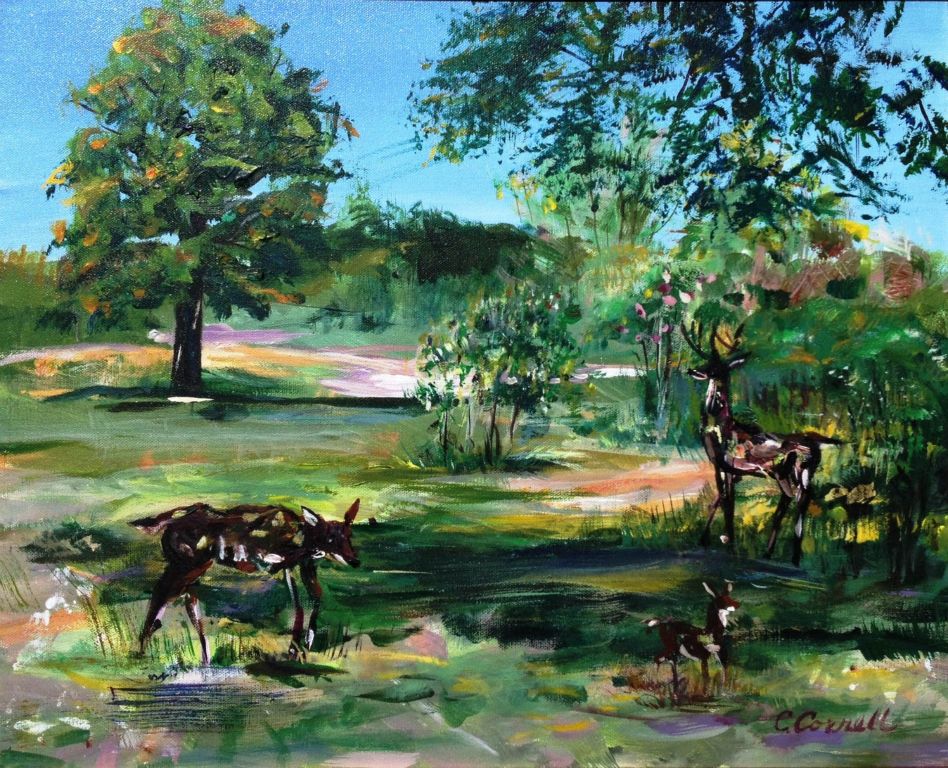 John's Deer Family, acrylic on board, 15"H x 18"W